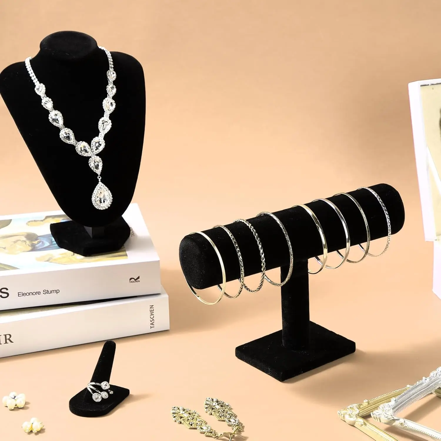 4 Pcs Velvet Jewelry Display Set Necklace Bracelet Ring Holder Organizer Stylish Storage for Home Garden Decor