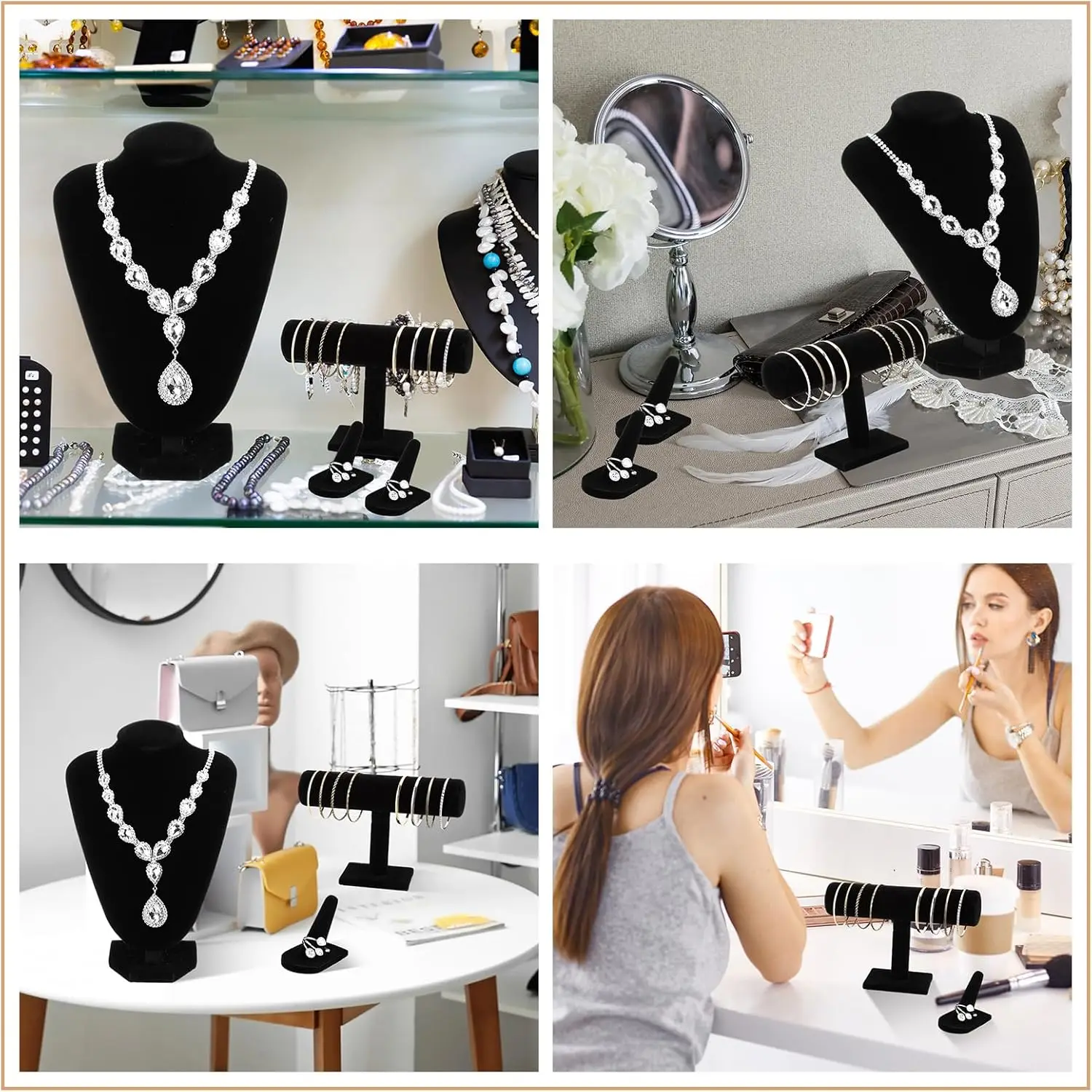 4 Pcs Velvet Jewelry Display Set Necklace Bracelet Ring Holder Organizer Stylish Storage for Home Garden Decor