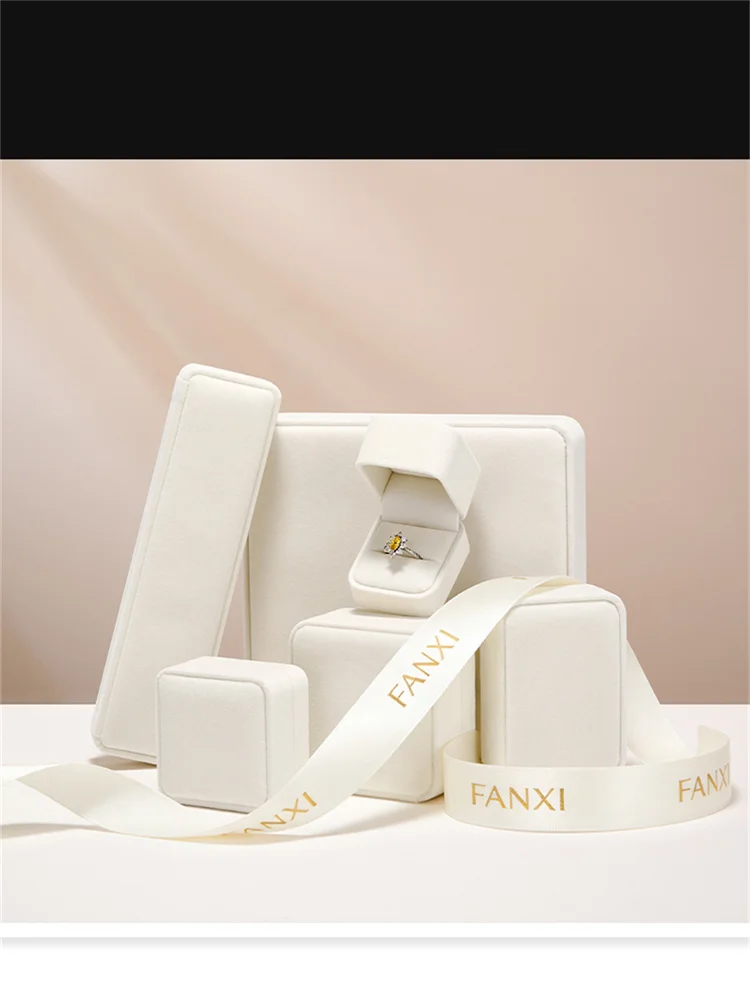 WoodTen Velvet Ring Jewelry Box Beige Earring Box Necklace Bracelet Storage Case Jewelry Organizer Jewelry Gift Box for Wedding