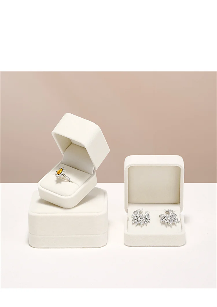 WoodTen Velvet Ring Jewelry Box Beige Earring Box Necklace Bracelet Storage Case Jewelry Organizer Jewelry Gift Box for Wedding