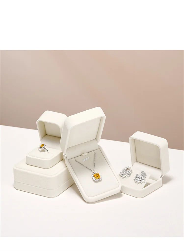WoodTen Velvet Ring Jewelry Box Beige Earring Box Necklace Bracelet Storage Case Jewelry Organizer Jewelry Gift Box for Wedding