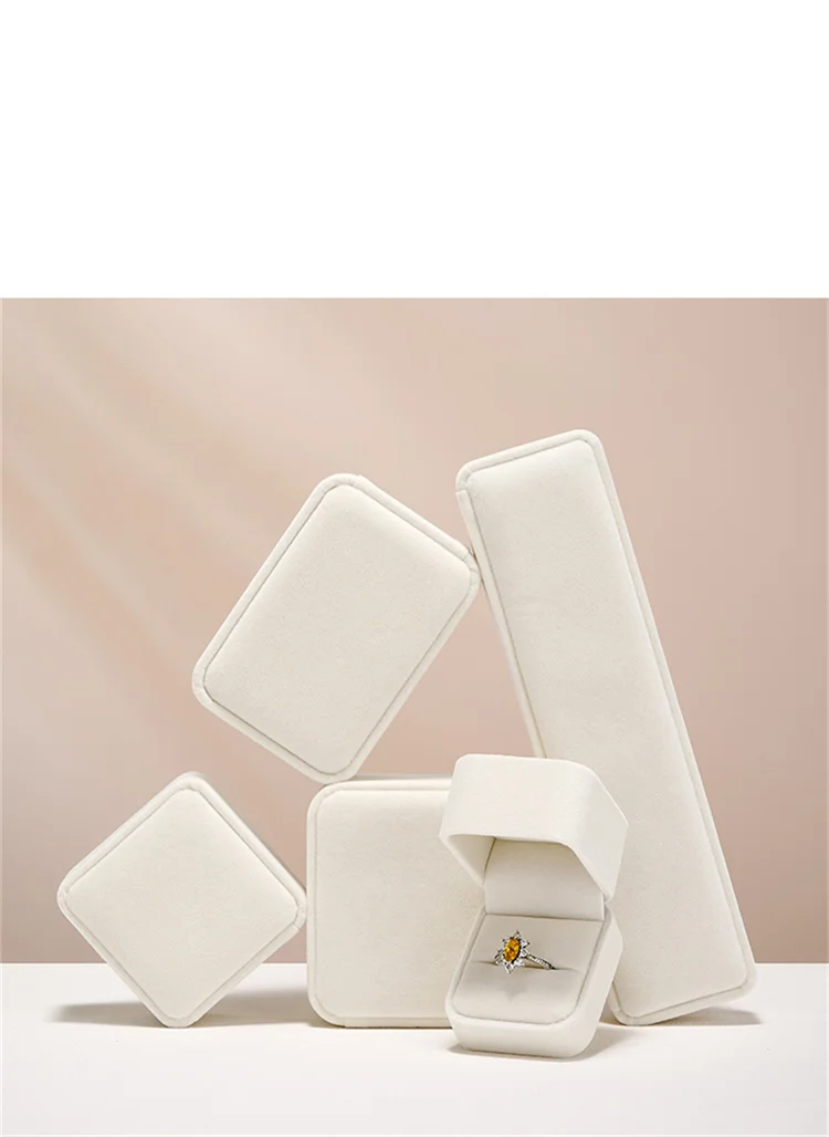 WoodTen Velvet Ring Jewelry Box Beige Earring Box Necklace Bracelet Storage Case Jewelry Organizer Jewelry Gift Box for Wedding