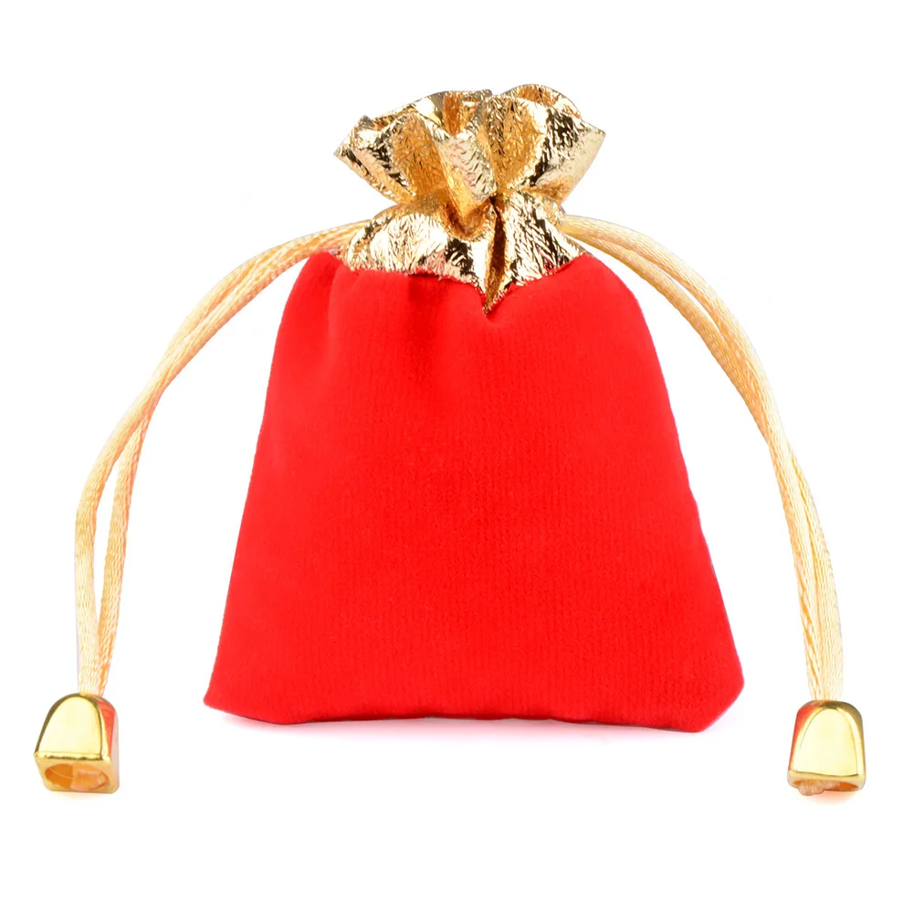10pcs/lot 7x9cm 9x12cm 12x16cm Vintage Velvet Bag Gold Color Trim Drawstring Red Gift Bags Wedding Jewelry Packaging Pouches