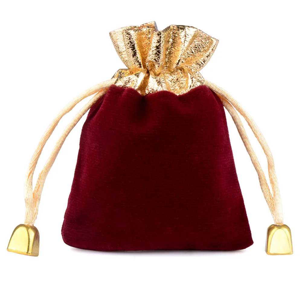10pcs/lot 7x9cm 9x12cm 12x16cm Vintage Velvet Bag Gold Color Trim Drawstring Red Gift Bags Wedding Jewelry Packaging Pouches