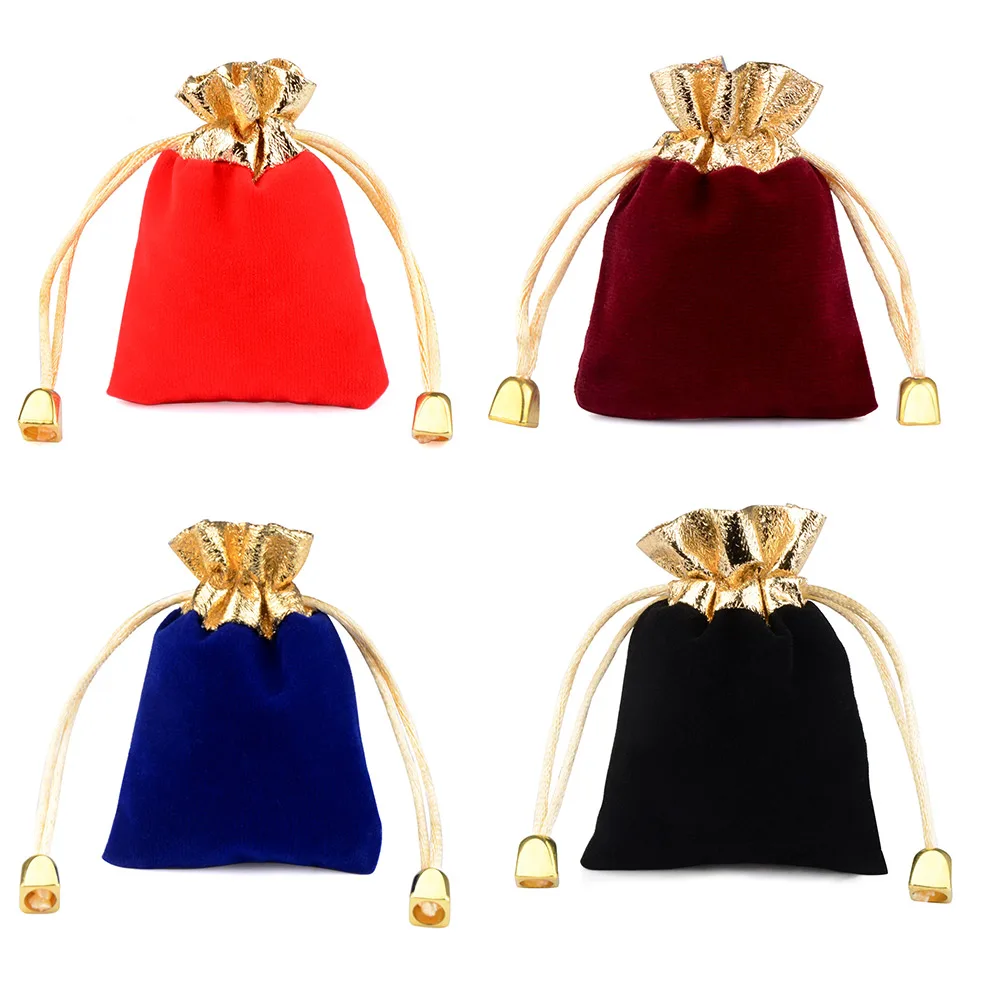 10pcs/lot 7x9cm 9x12cm 12x16cm Vintage Velvet Bag Gold Color Trim Drawstring Red Gift Bags Wedding Jewelry Packaging Pouches