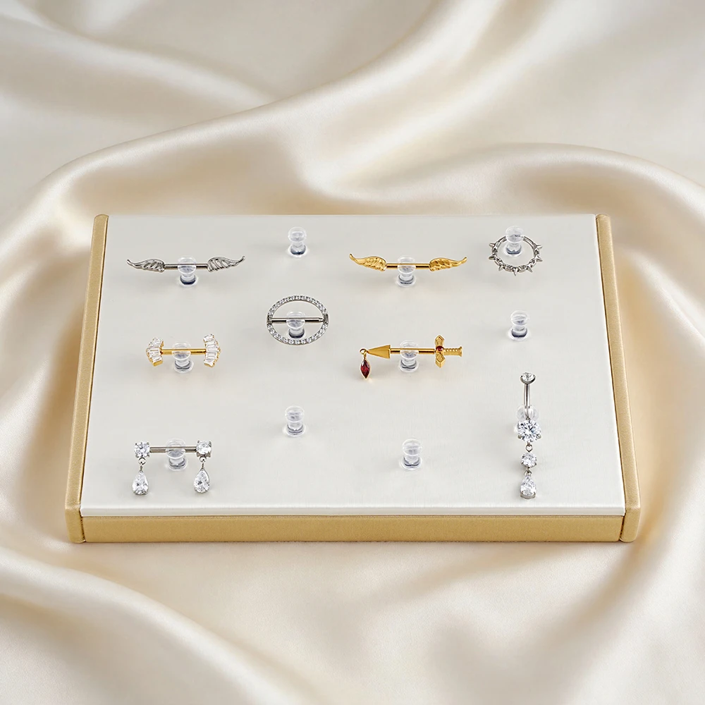 Right Grand Fiberboard Leather Display Stand for 14G 16G Nipple Belly Button Ring Daith Hoop Nose Clicker Ear Piercing Jewelry