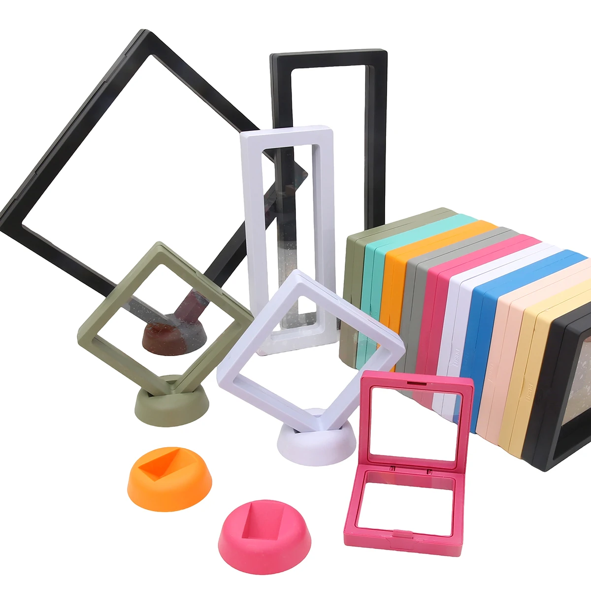 PE Film Colorful Jewelry Storage Box 3D Packaging Case Gemstone Free Stand Floating Frame Membrane Ring Earring Necklace Display