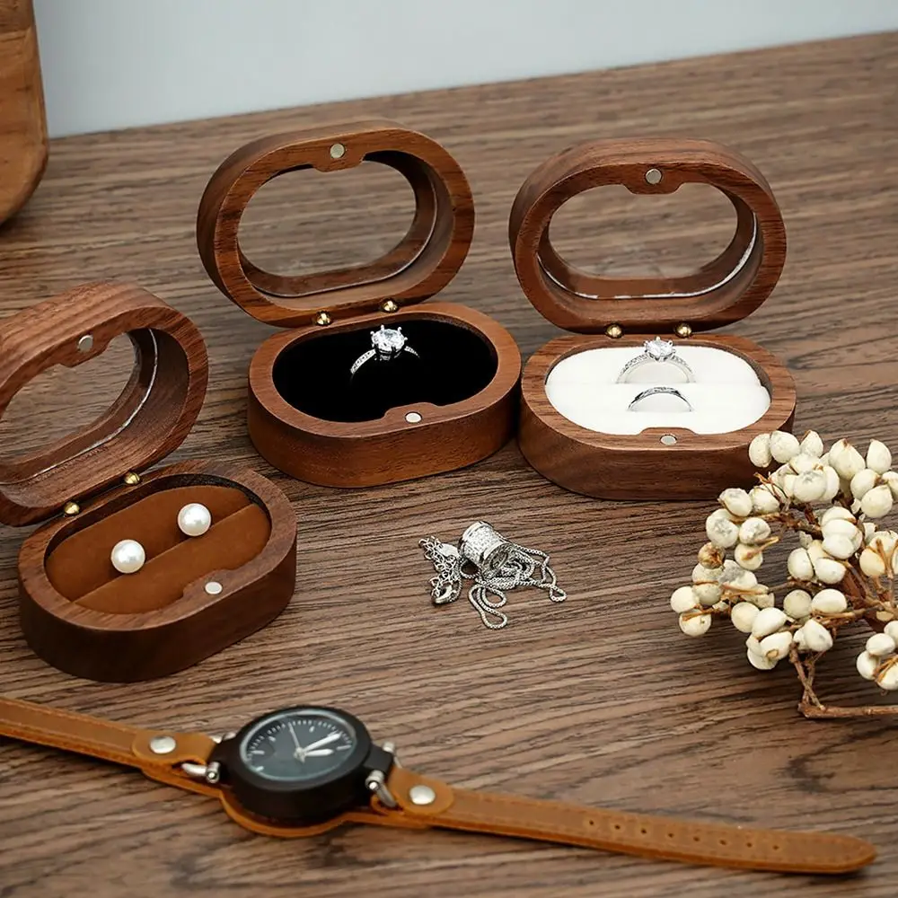 Oval Wooden Jewelry Box Ladies Lover Ring Display Box Engagement Wedding Couples Ring Storage Holder Love Gift Bead Case