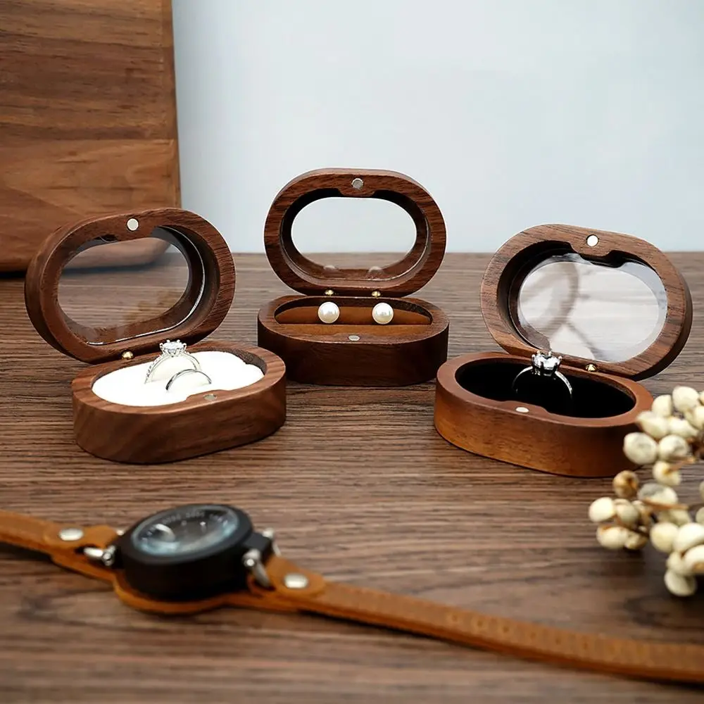 Oval Wooden Jewelry Box Ladies Lover Ring Display Box Engagement Wedding Couples Ring Storage Holder Love Gift Bead Case