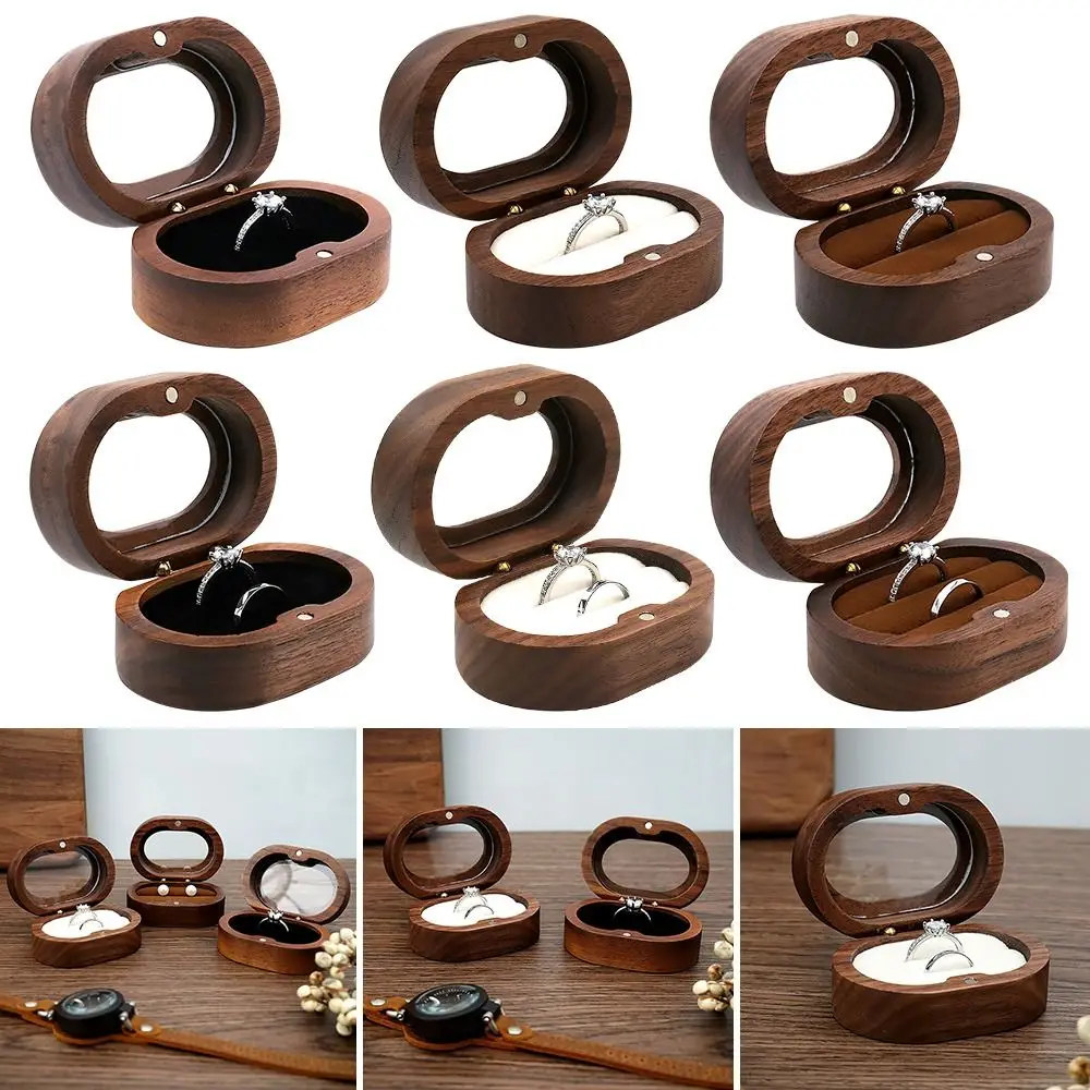 Oval Wooden Jewelry Box Ladies Lover Ring Display Box Engagement Wedding Couples Ring Storage Holder Love Gift Bead Case