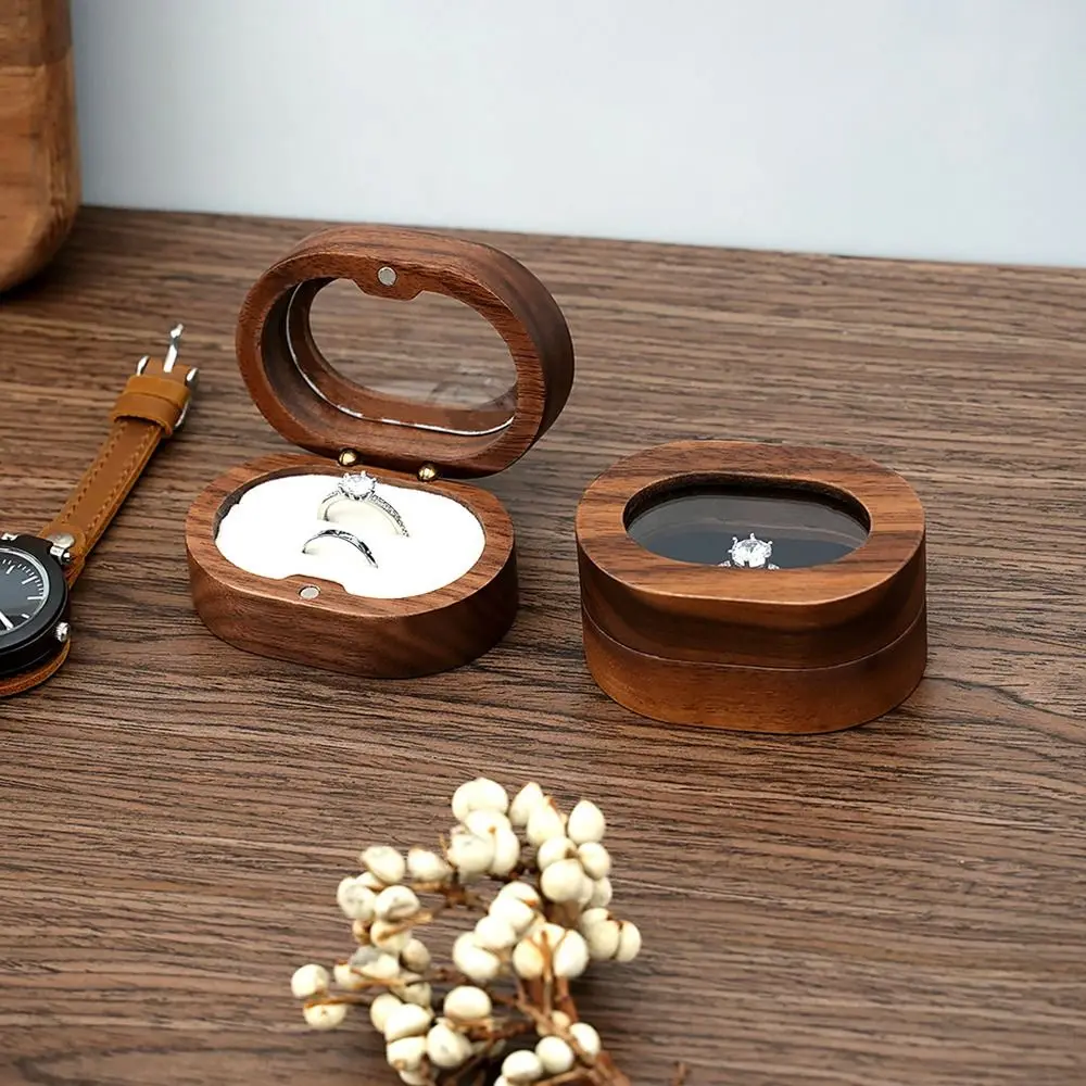 Oval Wooden Jewelry Box Ladies Lover Ring Display Box Engagement Wedding Couples Ring Storage Holder Love Gift Bead Case