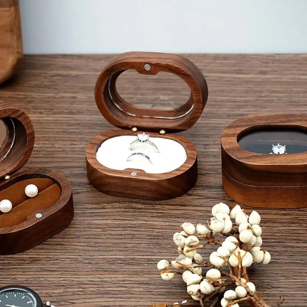 Oval Wooden Jewelry Box Ladies Lover Ring Display Box Engagement Wedding Couples Ring Storage Holder Love Gift Bead Case