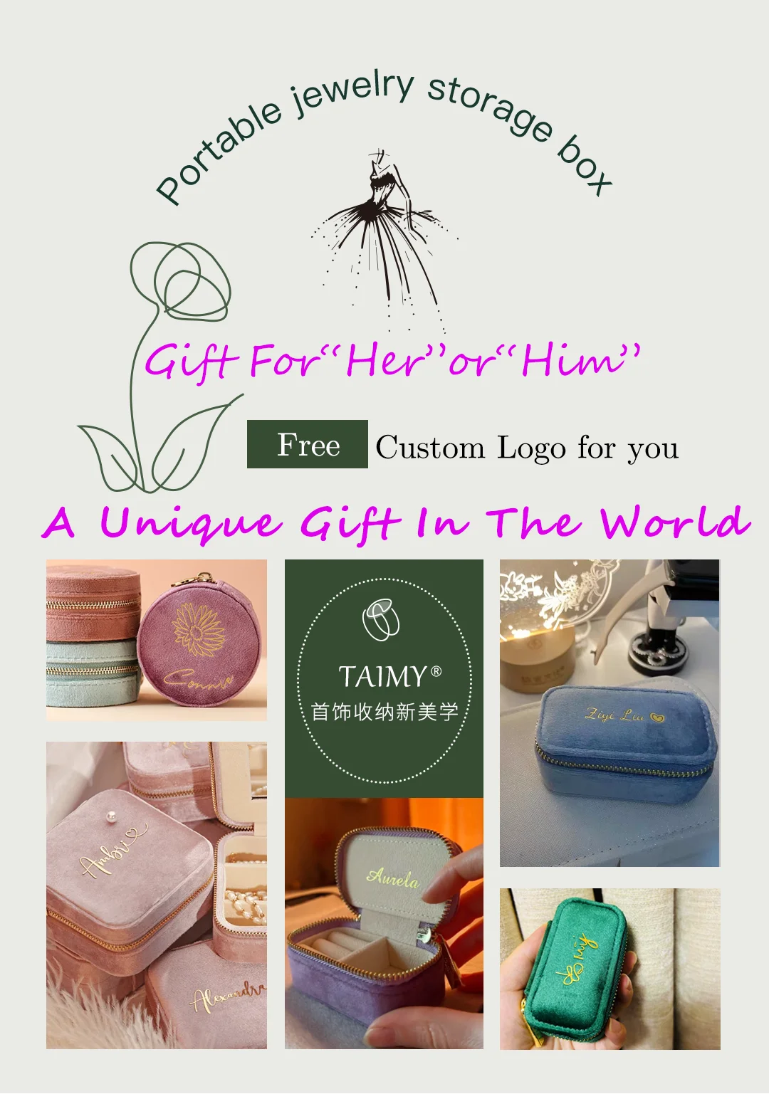 TAIMY Travel Velvet Jewelry Box Portable Ring Necklace Bracelet Storage Box Custom Logo Jewelry Case Jewellery Organizer