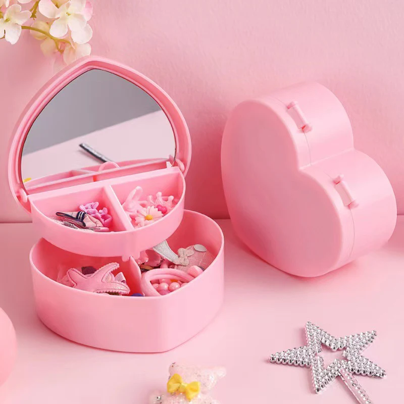 Girls Heart Jewelry Storage Box With Mirror Pink White Plastic Bracelets Hair Band Organizer Girl's Drawer Desk Jewelry Display