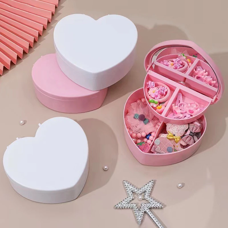 Girls Heart Jewelry Storage Box With Mirror Pink White Plastic Bracelets Hair Band Organizer Girl's Drawer Desk Jewelry Display