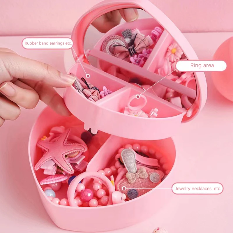 Girls Heart Jewelry Storage Box With Mirror Pink White Plastic Bracelets Hair Band Organizer Girl's Drawer Desk Jewelry Display