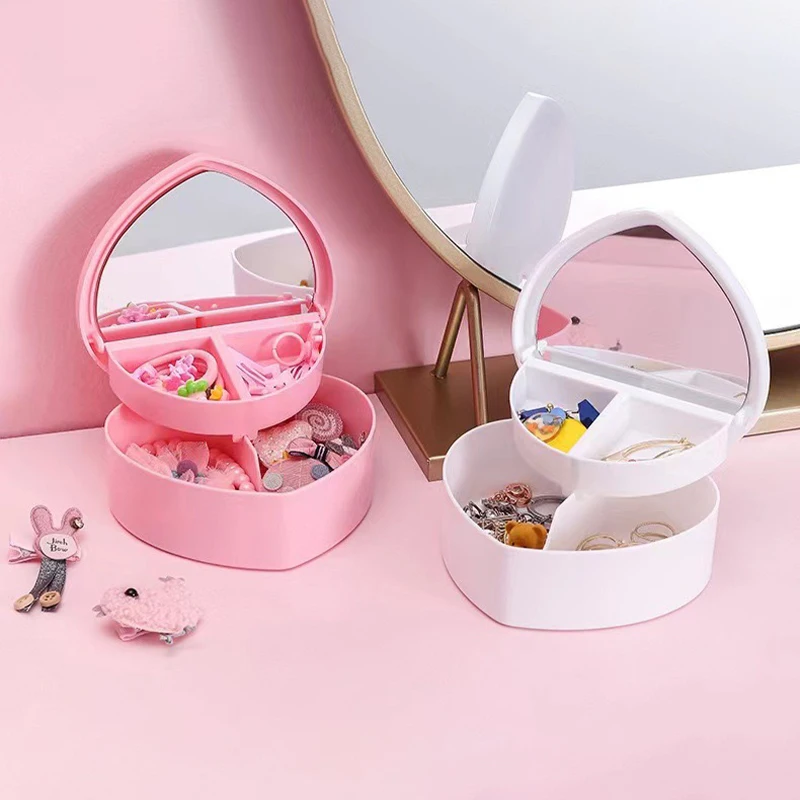 Girls Heart Jewelry Storage Box With Mirror Pink White Plastic Bracelets Hair Band Organizer Girl's Drawer Desk Jewelry Display