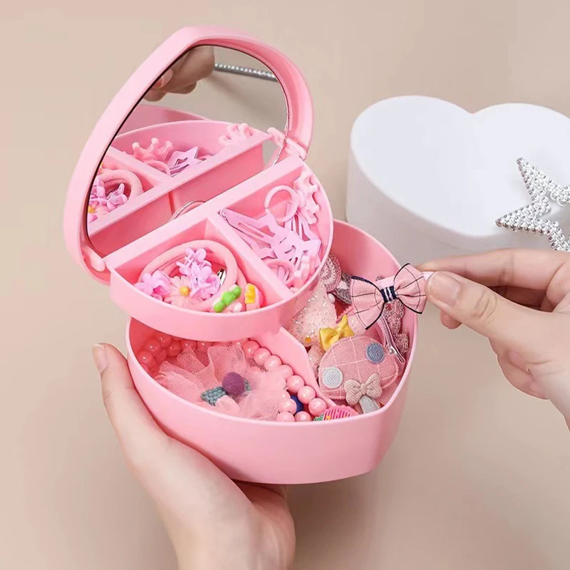 Girls Heart Jewelry Storage Box With Mirror Pink White Plastic Bracelets Hair Band Organizer Girl's Drawer Desk Jewelry Display
