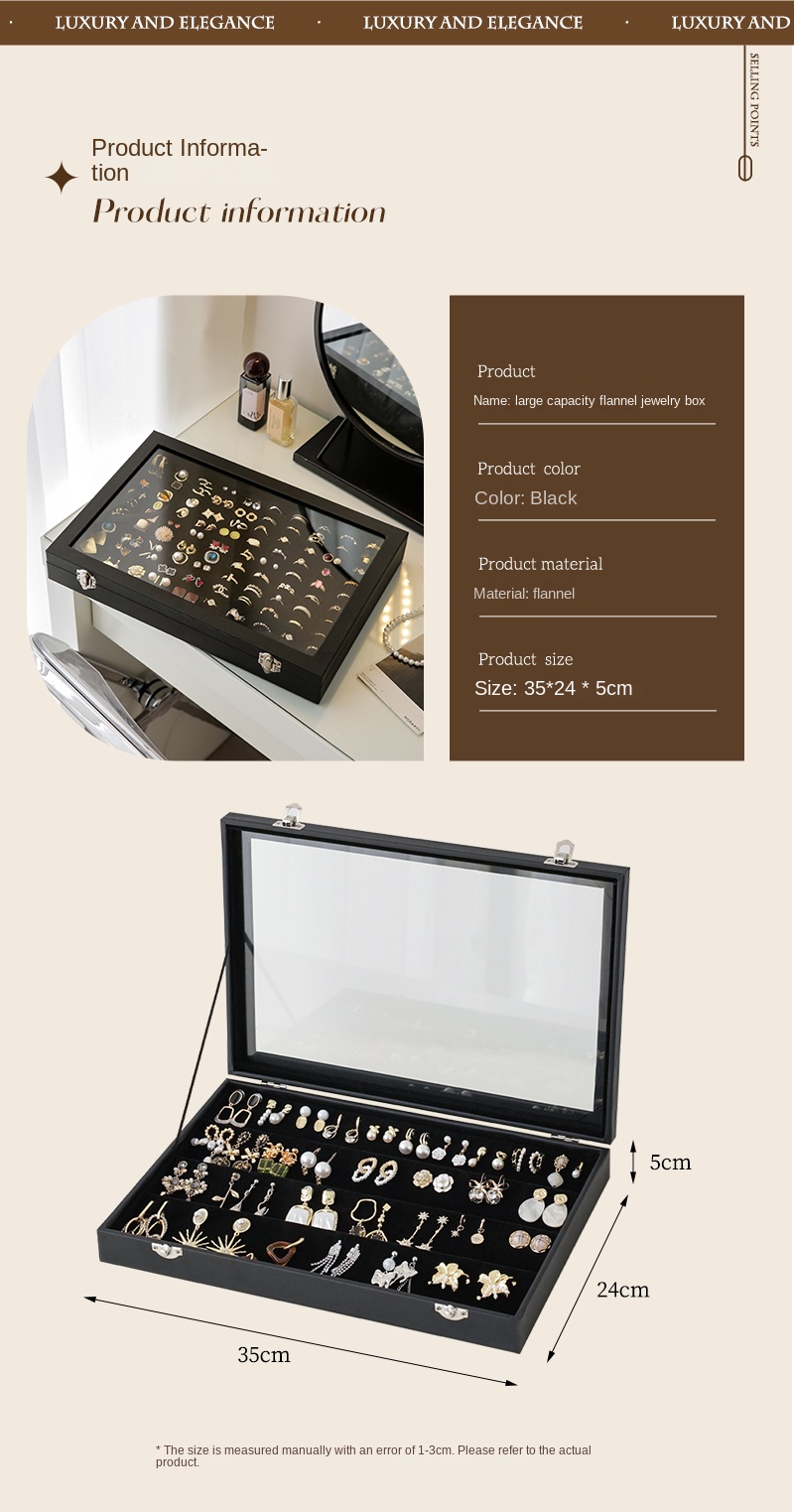 Stylish Black Jewelry Storage Box for Earrings, Necklaces, Rings, Bracelets and Other Accessories with Transparent Glass Cover