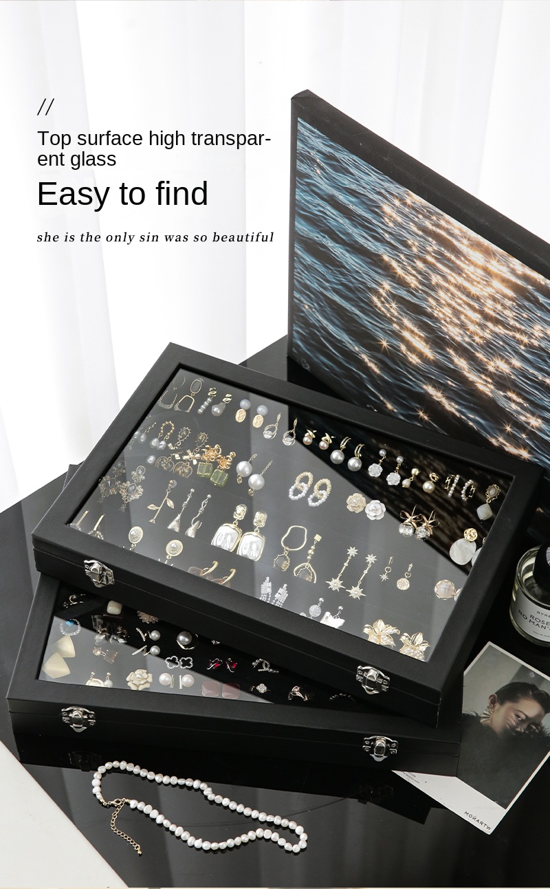 Stylish Black Jewelry Storage Box for Earrings, Necklaces, Rings, Bracelets and Other Accessories with Transparent Glass Cover