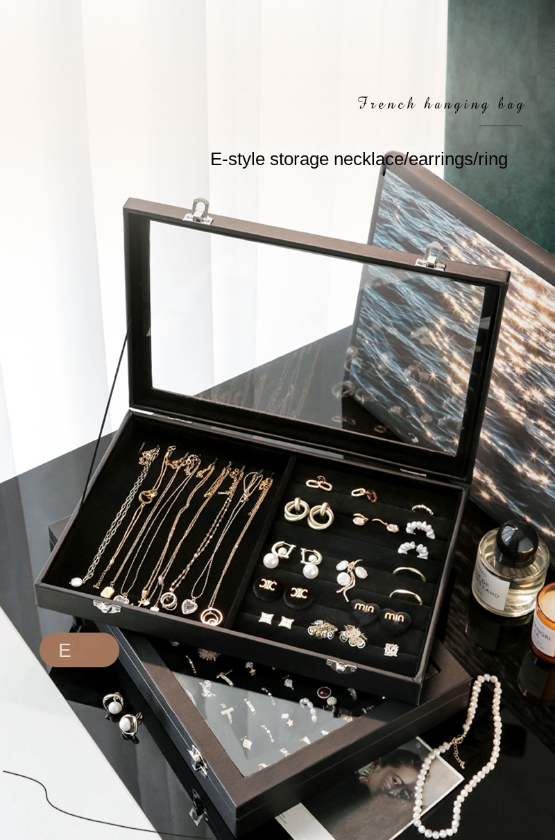 Stylish Black Jewelry Storage Box for Earrings, Necklaces, Rings, Bracelets and Other Accessories with Transparent Glass Cover