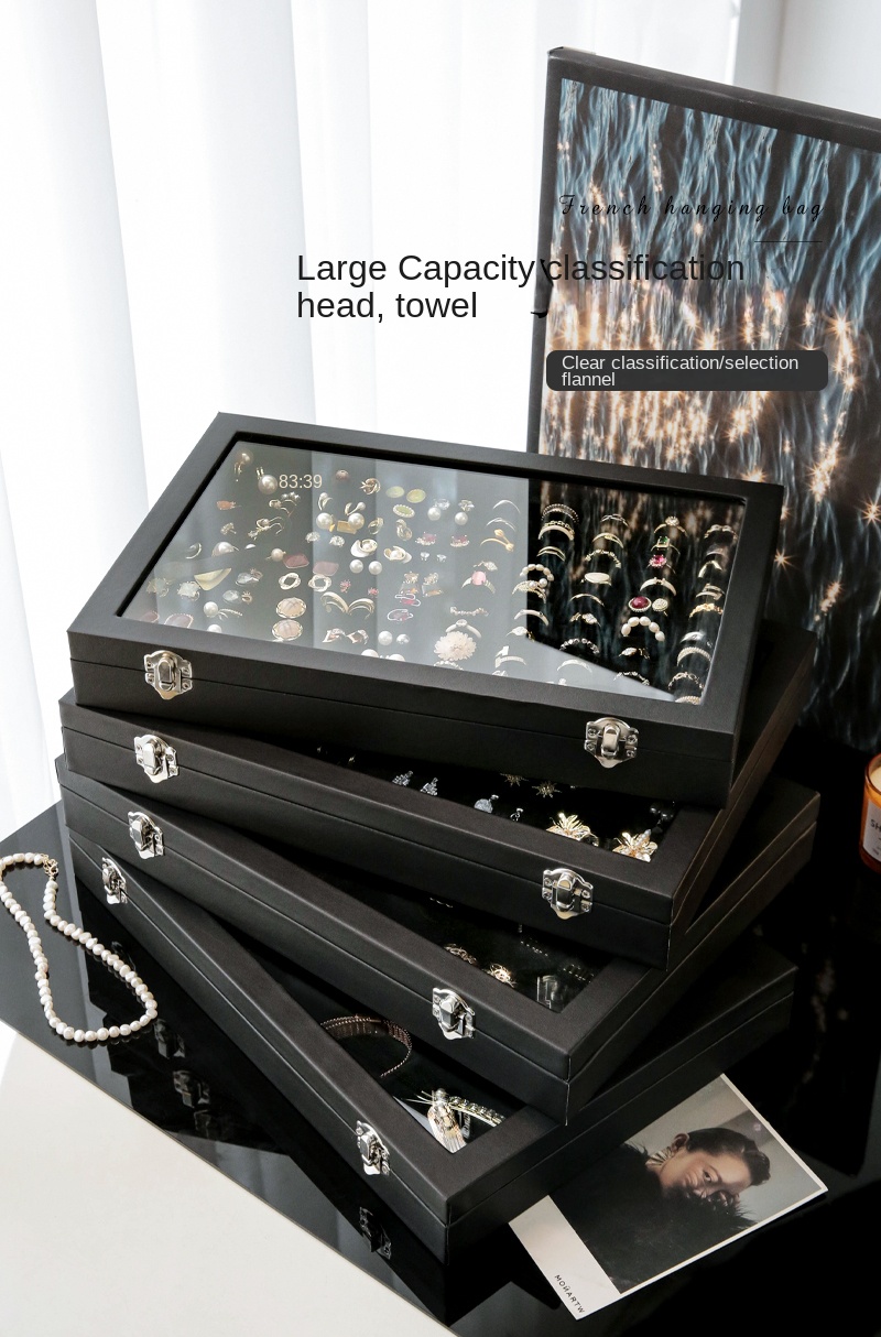 Stylish Black Jewelry Storage Box for Earrings, Necklaces, Rings, Bracelets and Other Accessories with Transparent Glass Cover