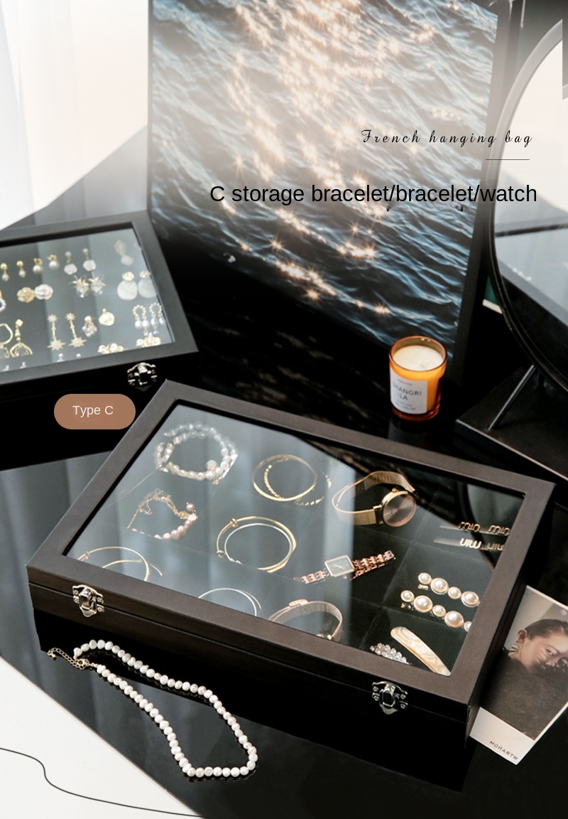 Stylish Black Jewelry Storage Box for Earrings, Necklaces, Rings, Bracelets and Other Accessories with Transparent Glass Cover