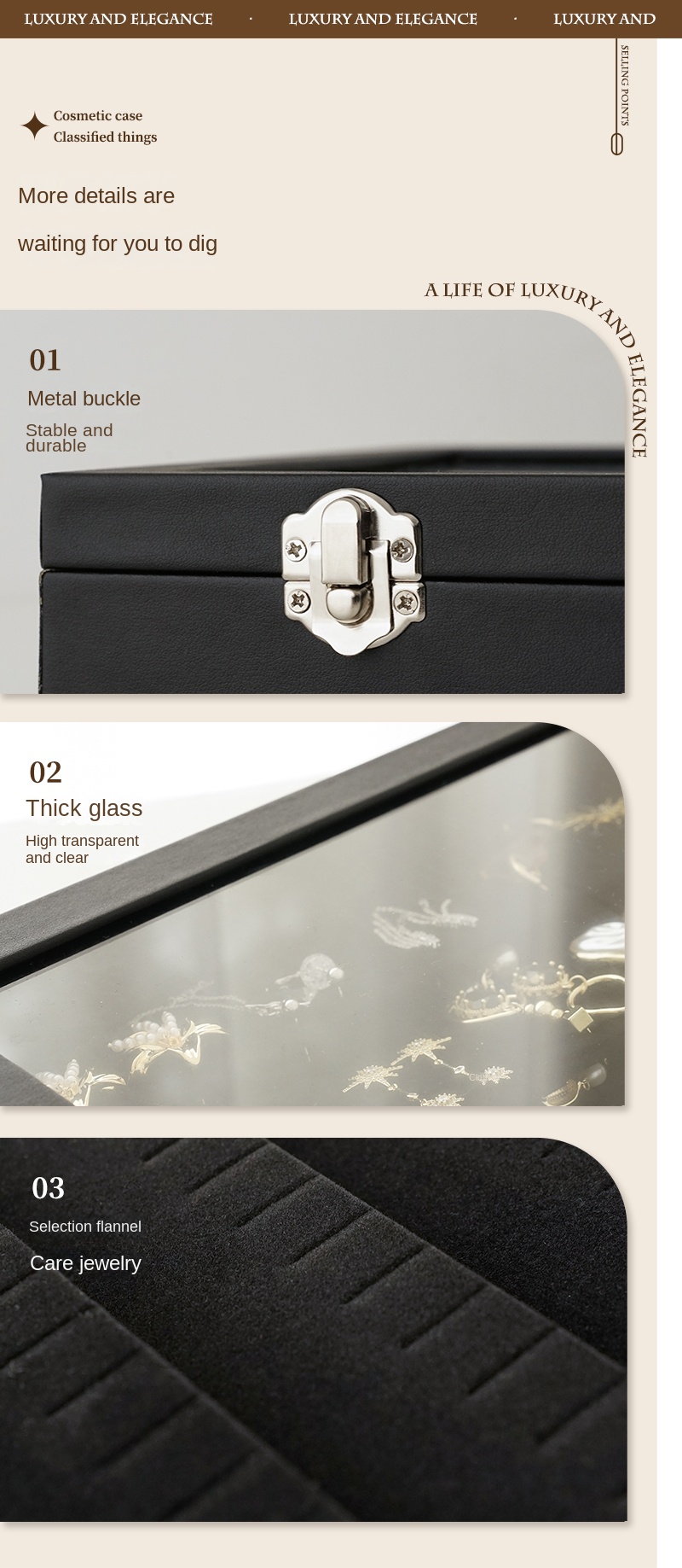 Stylish Black Jewelry Storage Box for Earrings, Necklaces, Rings, Bracelets and Other Accessories with Transparent Glass Cover