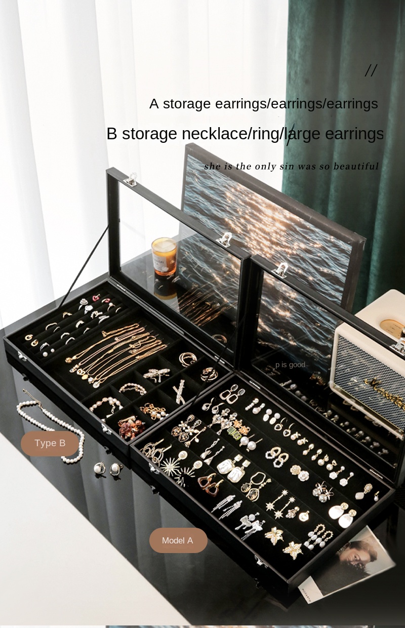 Stylish Black Jewelry Storage Box for Earrings, Necklaces, Rings, Bracelets and Other Accessories with Transparent Glass Cover