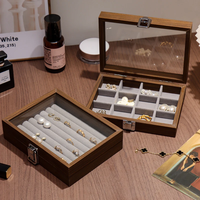 Walnut wood color jewelry box; exquisite wooden ring box, earrings, studs, necklace, trinkets multi-compartment storage box