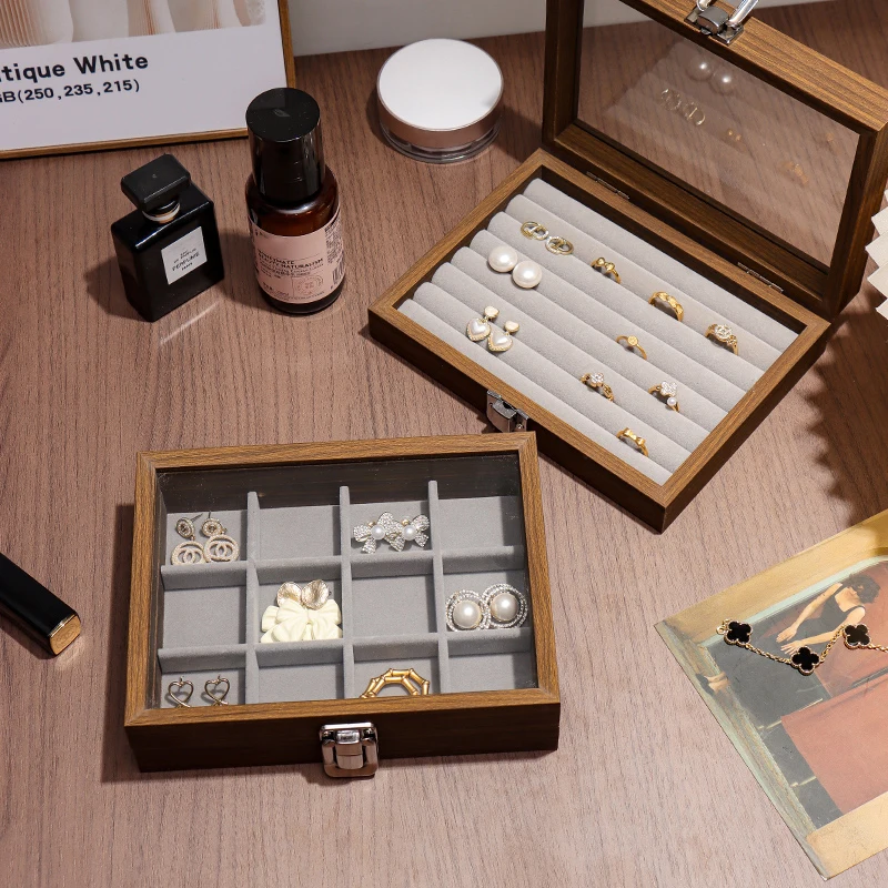 Walnut wood color jewelry box; exquisite wooden ring box, earrings, studs, necklace, trinkets multi-compartment storage box