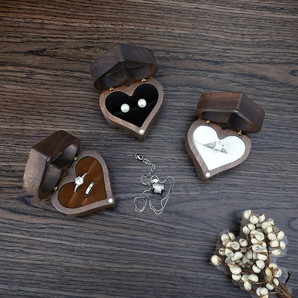 1PC 2025 Heart Shape Walnut Wooden Box Jewelry Box Display Box Engagement Wedding Couples Ring Storage Holder Gifts Case