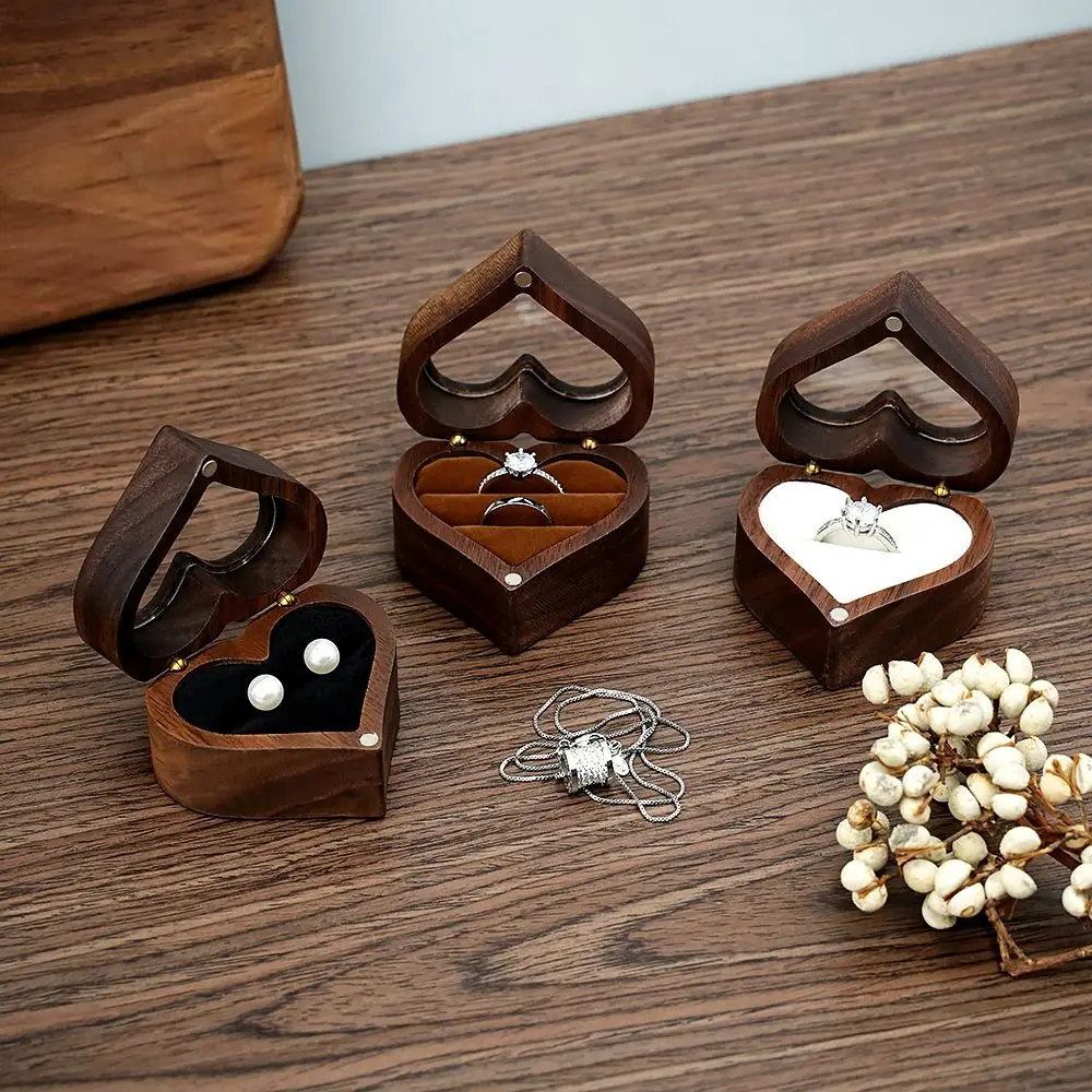 1PC 2025 Heart Shape Walnut Wooden Box Jewelry Box Display Box Engagement Wedding Couples Ring Storage Holder Gifts Case
