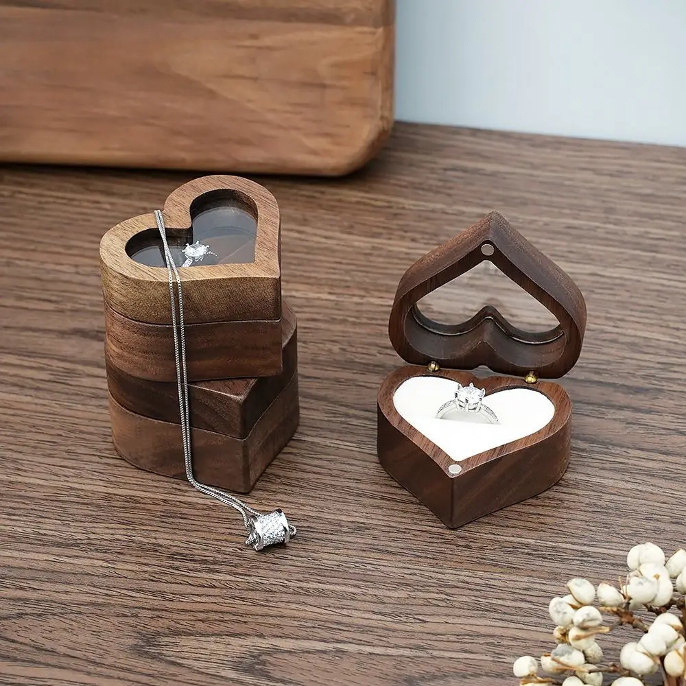 1PC 2025 Heart Shape Walnut Wooden Box Jewelry Box Display Box Engagement Wedding Couples Ring Storage Holder Gifts Case