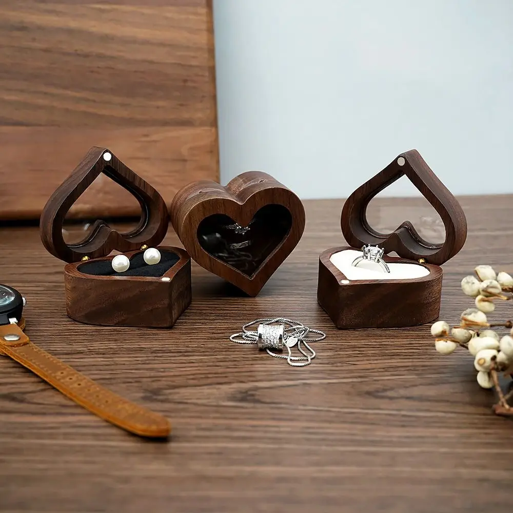 1PC 2025 Heart Shape Walnut Wooden Box Jewelry Box Display Box Engagement Wedding Couples Ring Storage Holder Gifts Case