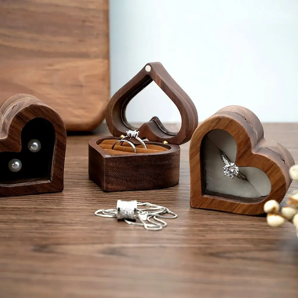 1PC 2025 Heart Shape Walnut Wooden Box Jewelry Box Display Box Engagement Wedding Couples Ring Storage Holder Gifts Case