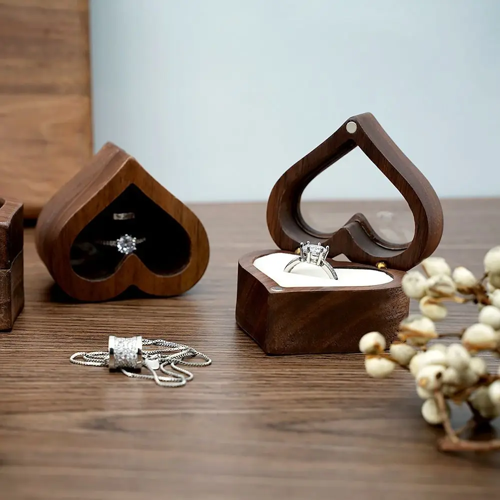 1PC 2025 Heart Shape Walnut Wooden Box Jewelry Box Display Box Engagement Wedding Couples Ring Storage Holder Gifts Case
