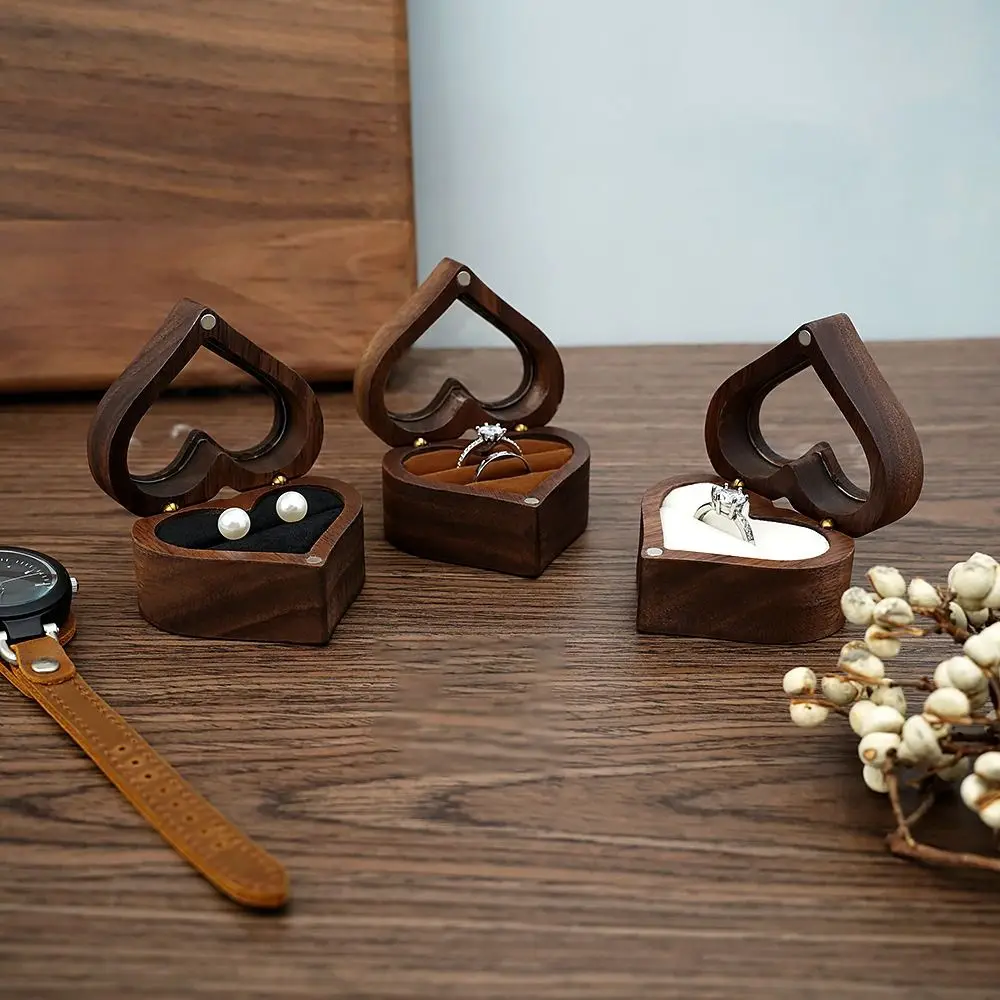 1PC 2025 Heart Shape Walnut Wooden Box Jewelry Box Display Box Engagement Wedding Couples Ring Storage Holder Gifts Case