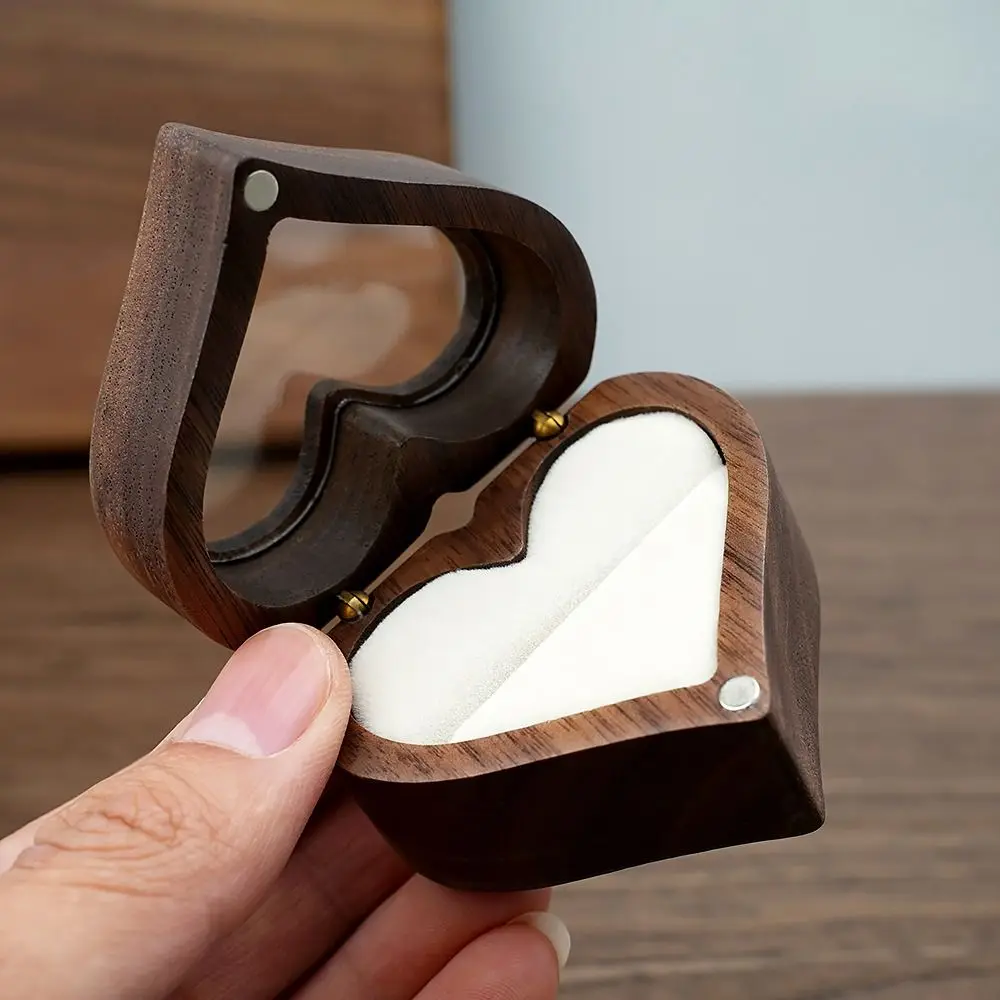 1PC 2025 Heart Shape Walnut Wooden Box Jewelry Box Display Box Engagement Wedding Couples Ring Storage Holder Gifts Case