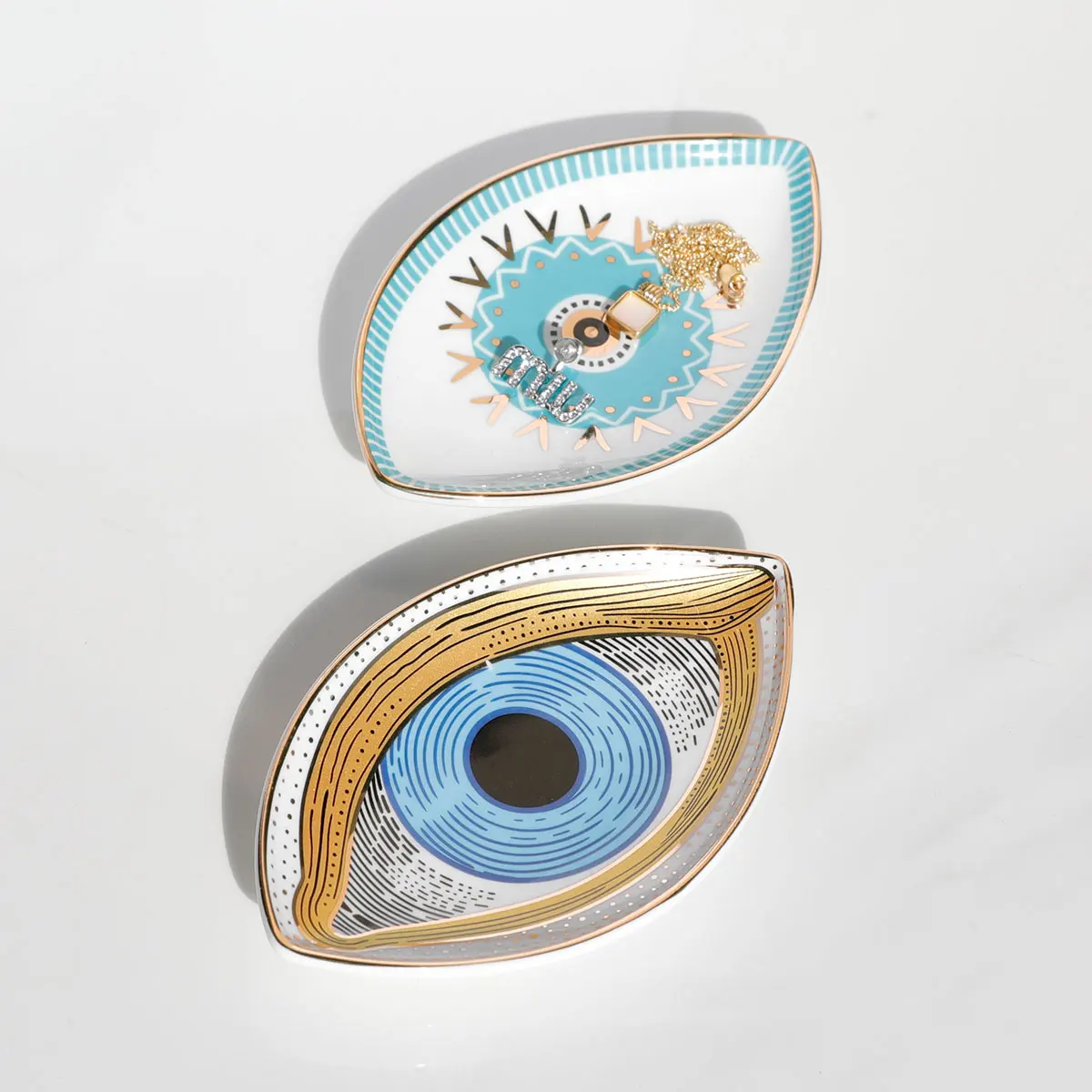1pc Ceramic Jewelry Storage Tray, Unique Eye Design Desktop Organizer For Rings, Earrings, Keys, Ceramic Evil Eye Trinket Plate