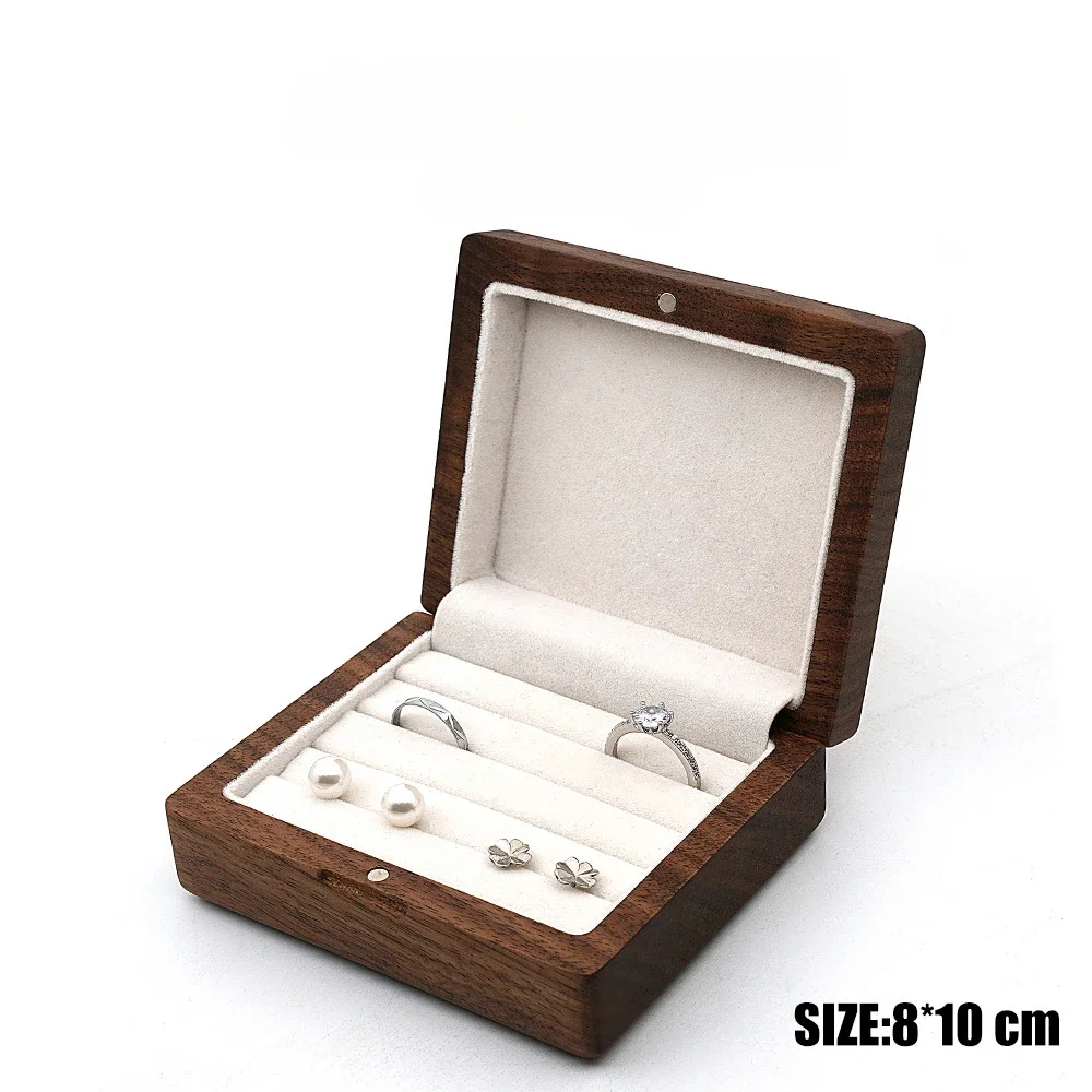 10*8cm Personalized Engraved Wooden Jewelry Box With Bag Ring Earrings Holder Big Walnut Jewels Storage & Display Box Free Logo