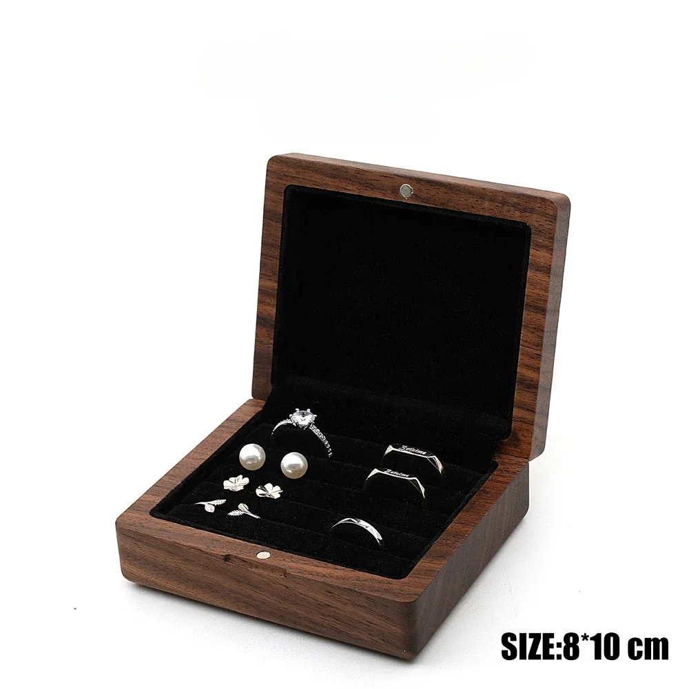 10*8cm Personalized Engraved Wooden Jewelry Box With Bag Ring Earrings Holder Big Walnut Jewels Storage & Display Box Free Logo