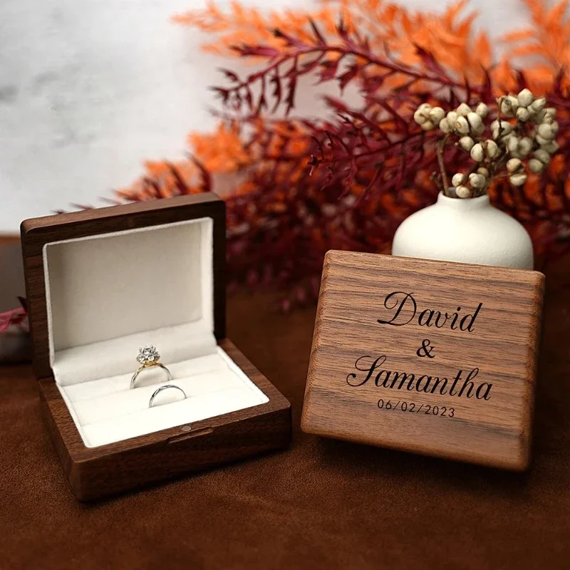 10*8cm Personalized Engraved Wooden Jewelry Box With Bag Ring Earrings Holder Big Walnut Jewels Storage & Display Box Free Logo