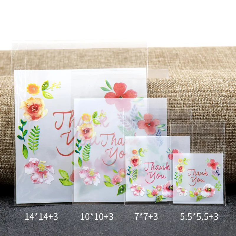 100pcs/lot Plastic Bags Thank you Flower Self-Adhesive Bags for Homemade Cookie Party Gifts Bag DIY Jewelry Packaging Bag