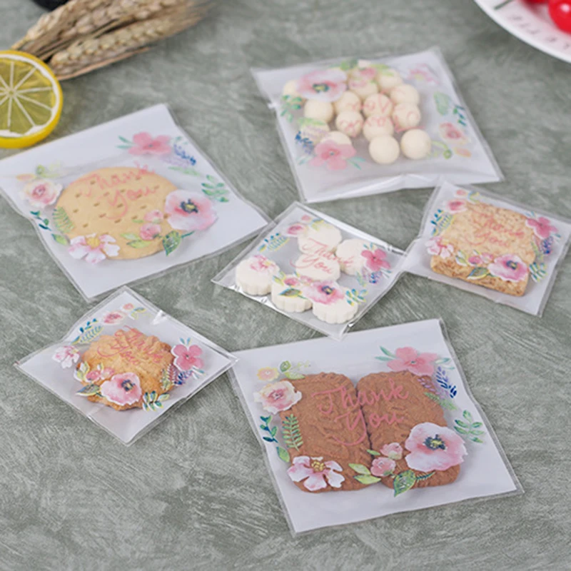 100pcs/lot Plastic Bags Thank you Flower Self-Adhesive Bags for Homemade Cookie Party Gifts Bag DIY Jewelry Packaging Bag