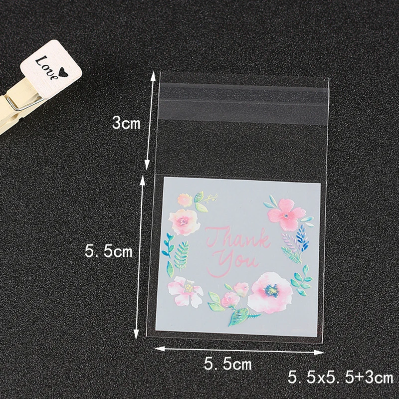 100pcs/lot Plastic Bags Thank you Flower Self-Adhesive Bags for Homemade Cookie Party Gifts Bag DIY Jewelry Packaging Bag
