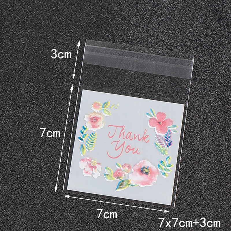 100pcs/lot Plastic Bags Thank you Flower Self-Adhesive Bags for Homemade Cookie Party Gifts Bag DIY Jewelry Packaging Bag