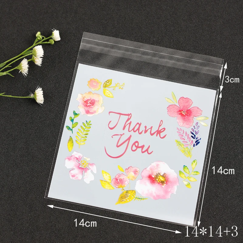100pcs/lot Plastic Bags Thank you Flower Self-Adhesive Bags for Homemade Cookie Party Gifts Bag DIY Jewelry Packaging Bag