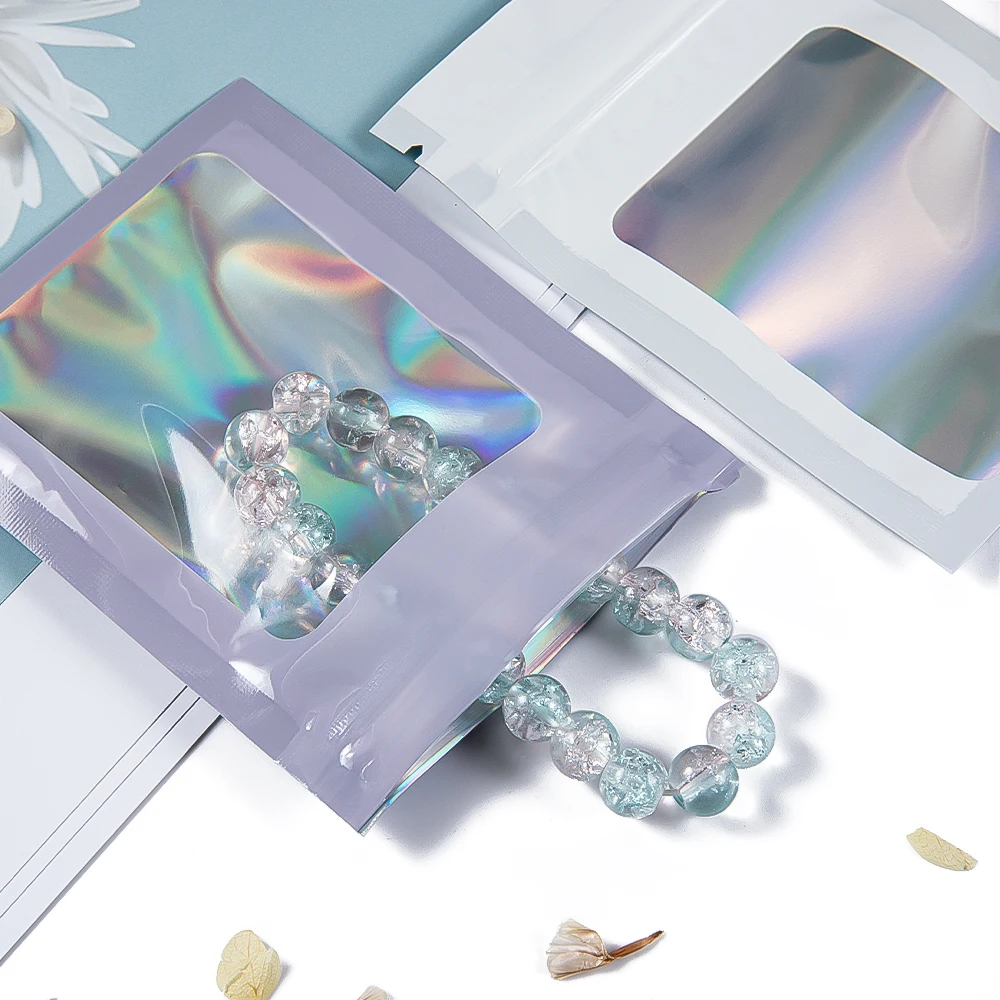 50Pcs Thick Smell Proof Mylar Bag Holographic Laser Color Plastic Packaging Pouch Jewelry Retail Storage Pouch Gift Zip Lock Bag