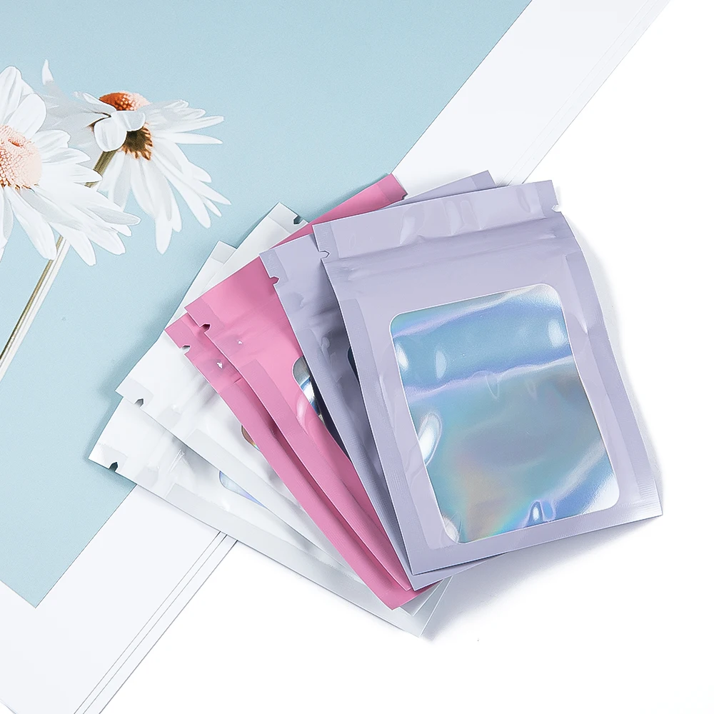 50Pcs Thick Smell Proof Mylar Bag Holographic Laser Color Plastic Packaging Pouch Jewelry Retail Storage Pouch Gift Zip Lock Bag